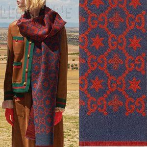 GUCCI red & blue CONSTELLATION Bee GG Stars wool/silk reversible long scarf NWT
